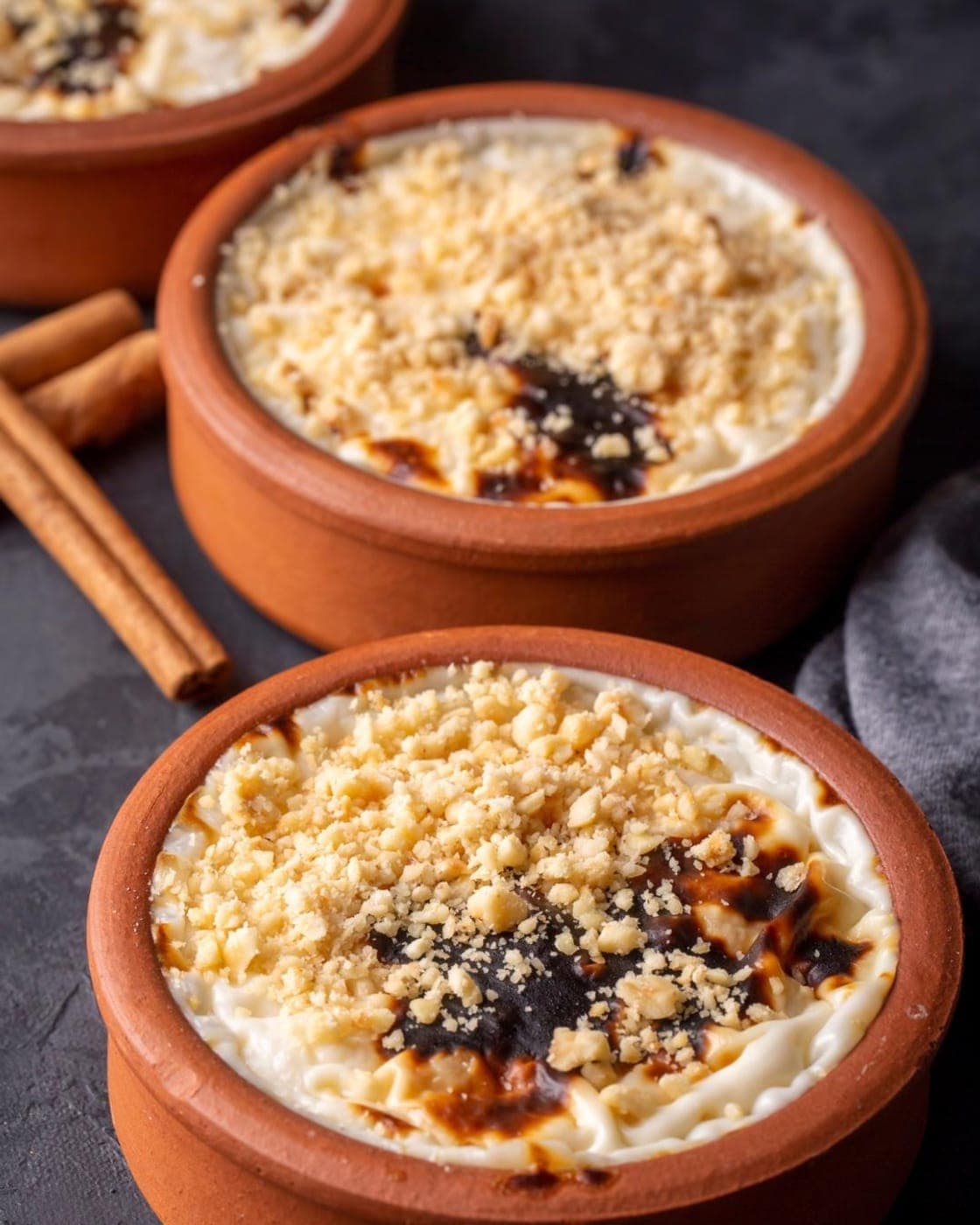 Baked rice pudding in a clay pot